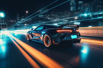 Fototapeta na wymiar A fast sports car speeds down a futuristic highway at night, leaving neon light streaks in its wake. Generative AI