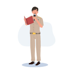 male Thai government officers in uniform. Thai man teacher, explaining knowledge from book. cartoon character, Flat Vector illustration