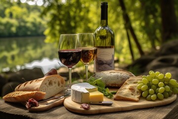 bistro picnic with baguette, cheese, and wine in scenic park, created with generative ai