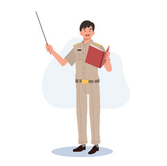 male Thai government officers in uniform. Thai man teacherholding pointer stick , explaining knowledge from book. cartoon character, Flat Vector illustration