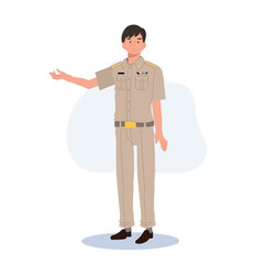 male Thai government officers in uniform. Thai man teacher is welcome as friendly cartoon character, Flat Vector illustration