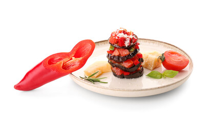 Plate with tasty baked Eggplant Parmesan and ingredients on white background