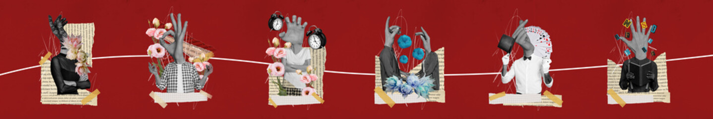 Creative collage panorama photo of headless people tricks concept pink roses flowers present...