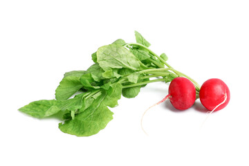 Fresh radishes with leaves on white background