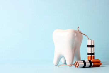 Tooth with cigarettes dynamite on blue background. Effects of smoking on dental health.