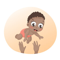 Cute black baby girl. Happy child. Vector illustration isolated on white background. Baby shower welcome greeting card.	