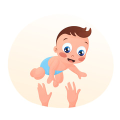 Cute baby boy. Happy child. Vector illustration isolated on white background. Baby shower welcome greeting card.