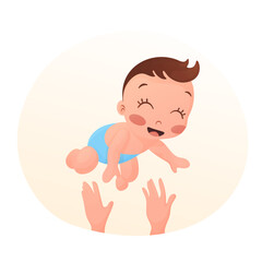 Cute baby boy. Happy child. Vector illustration isolated on white background. Baby shower welcome greeting card.