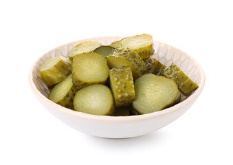 Bowl with tasty fermented cucumbers on white background