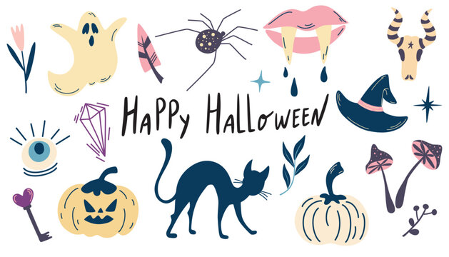 Halloween elements collection. Pumpkins, skulls, cat, spider, snake, ghost. Ideal for postcards, prints, prints, invitations and stickers. Cartoon hand draw vector illustration. 