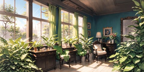 anime style background, apartment, home, living room, victorian jungle room, generative ai, generative, ai