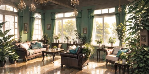 Fototapeta premium anime style background, apartment, home, living room, victorian jungle room, generative ai, generative, ai