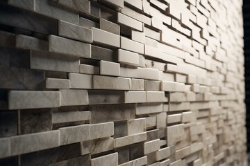 Polished, 3D rectangular mosaic tiles stacked to form natural stone block background. Semi-gloss, 3D render. Generative AI