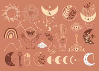 Poster Mystical moon phases set icons and woman hands and moth, alchemy esoteric magic space, vector isolated on beige background © olga_milagros