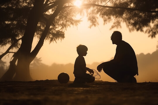 silhouette image of father and son stand in front of a sunset, generative ai