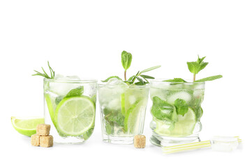 Glasses of tasty mojito isolated on white background