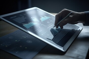 A businessman is using a tablet to analyze business data, conduct market research, and monitor finance and investment.