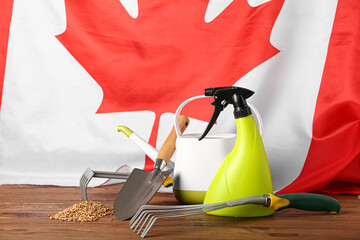 Gardening tools with seeds and flag of Canada on wooden table