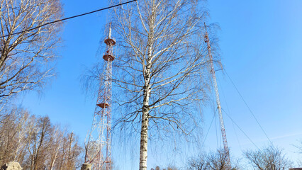 Cell tower against the background of a blue sky with the sun and bare tree branches in late spring. Telecommunications