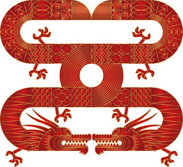 Luxury Red Gold abstract geometric chinese dragon. Modern shape design. Zodiac sign. Sacred animal. Bauhaus tile motif. Line vector illustration. Template for greeting card, banner, poster.