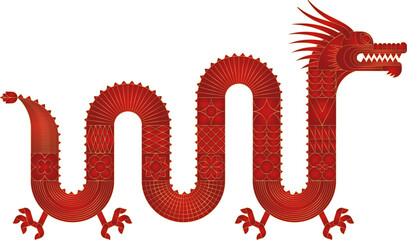Luxury Red Gold abstract geometric chinese dragon. Modern shape design. Zodiac sign. Sacred animal. Bauhaus tile motif. Line vector illustration. Template for greeting card, banner, poster.