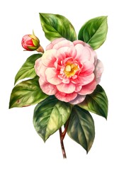 Watercolor illustration of a camellia flower isolated on white background. Generative AI.