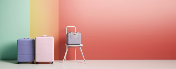 Pastel colored scene with travel suitcases, on uniform background. Trip concept. Generative AI
