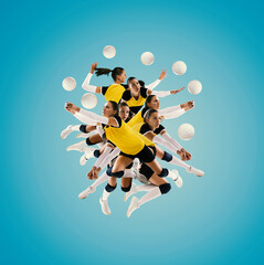 Creative collage. Girl, baseball player in yellow uniform in motion with ball over blue background....
