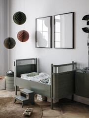 Frame mockup in boys room in military style room interior, 3D rendering © artjafara
