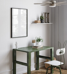 Frame mockup in boys room in military style room interior, 3D rendering © artjafara