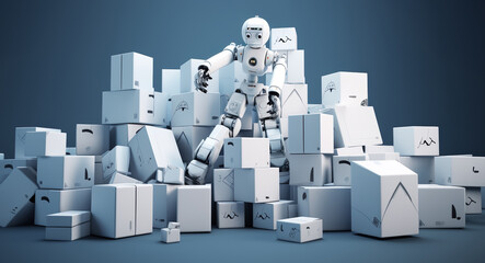 Robot artificial intelligence with product or cardboard box.order management.generative ai technology