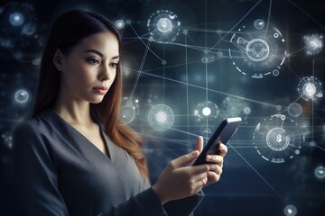 The concept of digital technology and internet global network connection highlights data exchange. Woman with smartphone. 