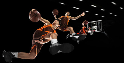 Creative collage. Competition. Young man, professional basketball player in uniform jumping with ball over black background. Concept of sportive lifestyle, action and motion, creativity and health