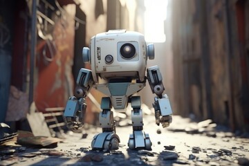 Fototapeta premium Cute robot walking ruin city. Generate Ai