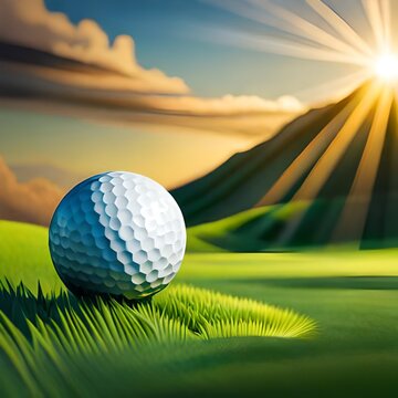 Golf balls in a vast meadow with exotic natural beauty and sunset objects, great for sports, websites, hobbies, blogs, business, companies etc. Ai generated image concept