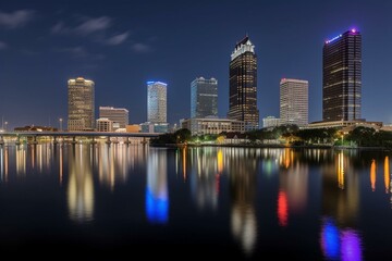 Fototapeta na wymiar Panoramic view of Tampa's downtown skyline overlooking the freeway and riverwalk. Generative AI