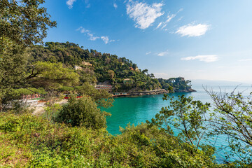 Bay and beach of Paraggi near the Portofino village. Tourist resort in Genoa Province (Genova),...