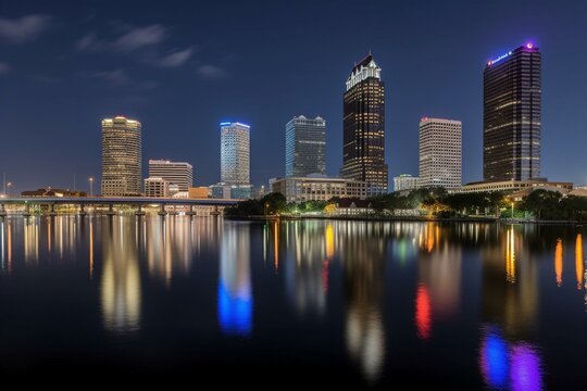 Panoramic view of Tampa's downtown skyline overlooking the freeway and riverwalk. Generative AI