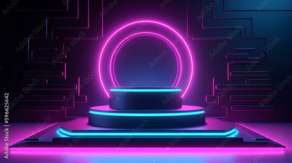 Poster neon lamp stage background. glowing futuristic product display stand podium against background, neon