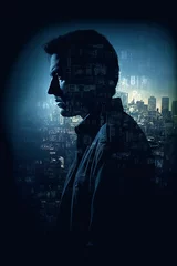 portrait of man detective spy. Cover of book of crime thriller novel. Generative AI illustration © alexkoral