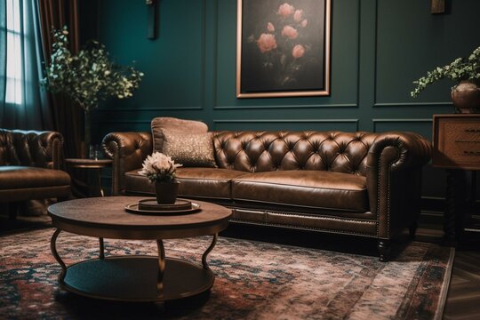 Classic living room decor featuring a chesterfield sofa - a great example of interior design. Generative AI