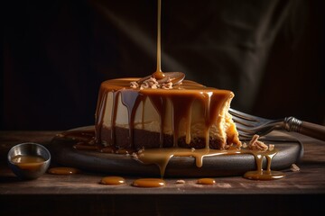 Indulgent dessert: smooth cheesecake drizzled with rich caramel sauce. Generative AI - obrazy, fototapety, plakaty