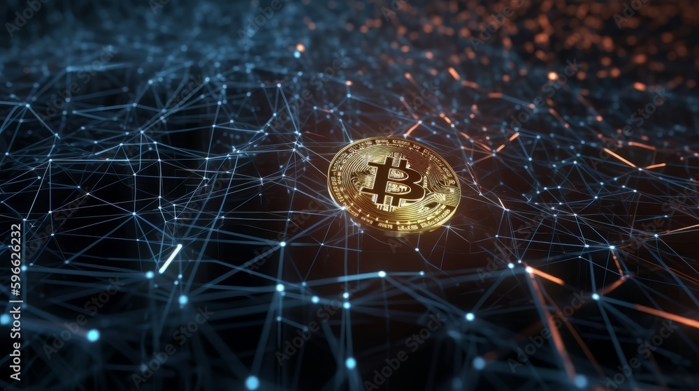 Poster Interconnected Bitcoin Blockchain Network with Digital Data Grid and Cryptocurrency Connections in 8K created with generative ai technology