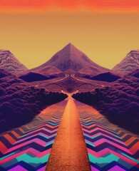 psychedelic road and mountains, in the style of neo-pop