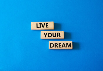 Live your Dream symbol. Wooden blocks with words Live your Dream. Beautiful blue background. Business and Live your Dream concept. Copy space.