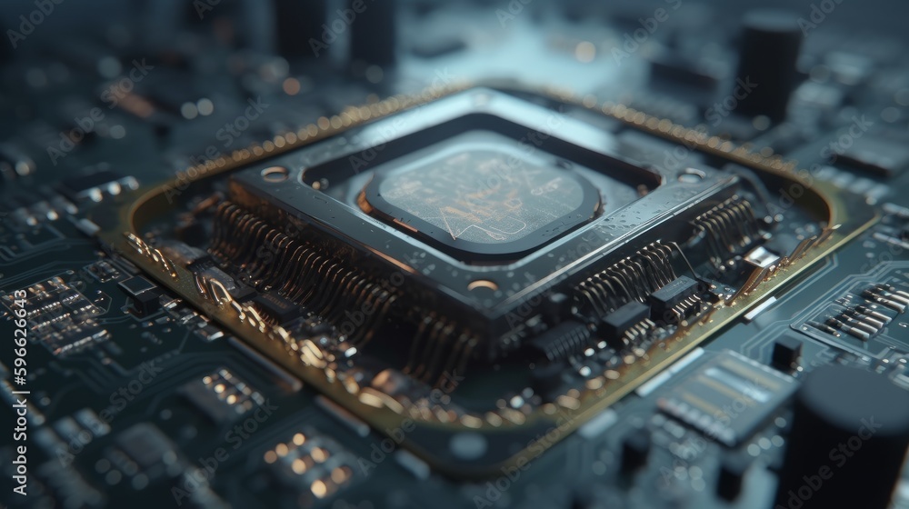 Poster abstract electronic circuit board background with motherboard and cpu and gpu, generative ai
