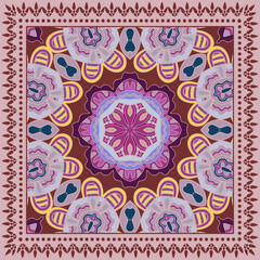 Decorative doodle ornament, symmetric pattern with lace frame. Tribal ethnic mandala decor. Bandana shawl, hijab, tablecloth fabric print, silk neck scarf, kerchief design. Colorful vector background