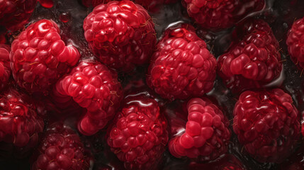 Fresh ripe raspberry with water drops background. Berries backdrop. Generative AI