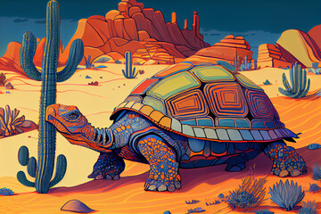 Colorful turtle in an orange desert, generative ai illustration