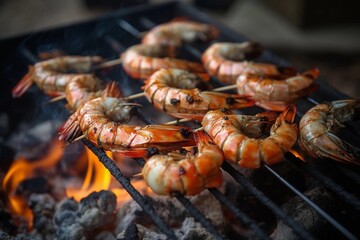 Close up of grilling shrimps on a fire.